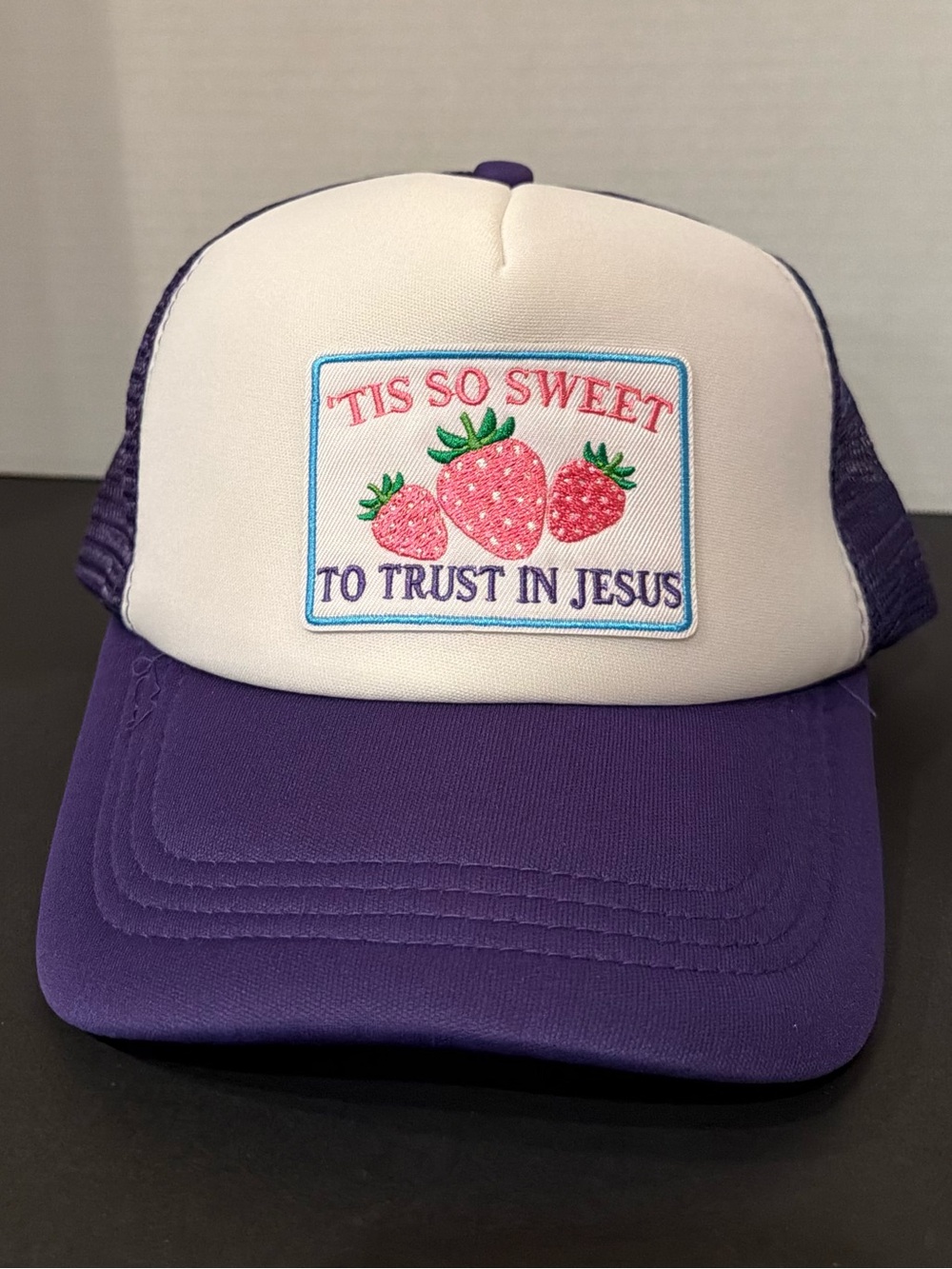 Purple and White Trucker Hat - "Tis So Sweet" Strawberry Patch